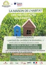 Affiche annonçant une présentation le mercredi 14 octobre de 11h00 à 14h00 à la communauté de commune Serres Ponçon Val d'Avance au candidat souhaitant effectuer des rénovations dans leurs habitats.